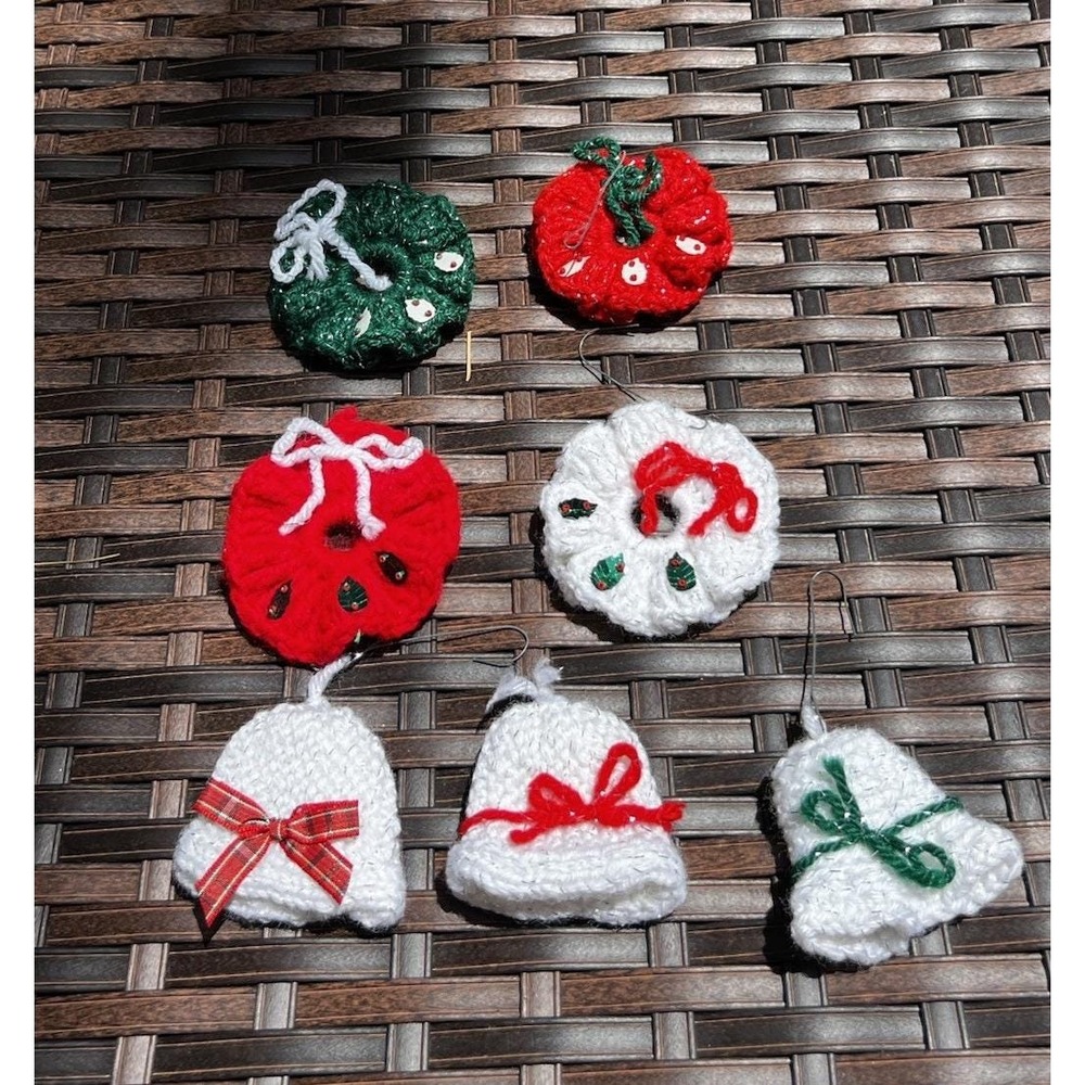 Vintage 1980s Crochet Christmas Ornament Lot Wreath Bell Retro Kitschy 7pc